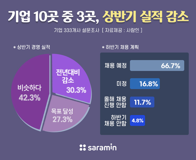 기업 10곳 중 3곳, 상반기 실적 전년대비 감소… 하반기 채용도 미정